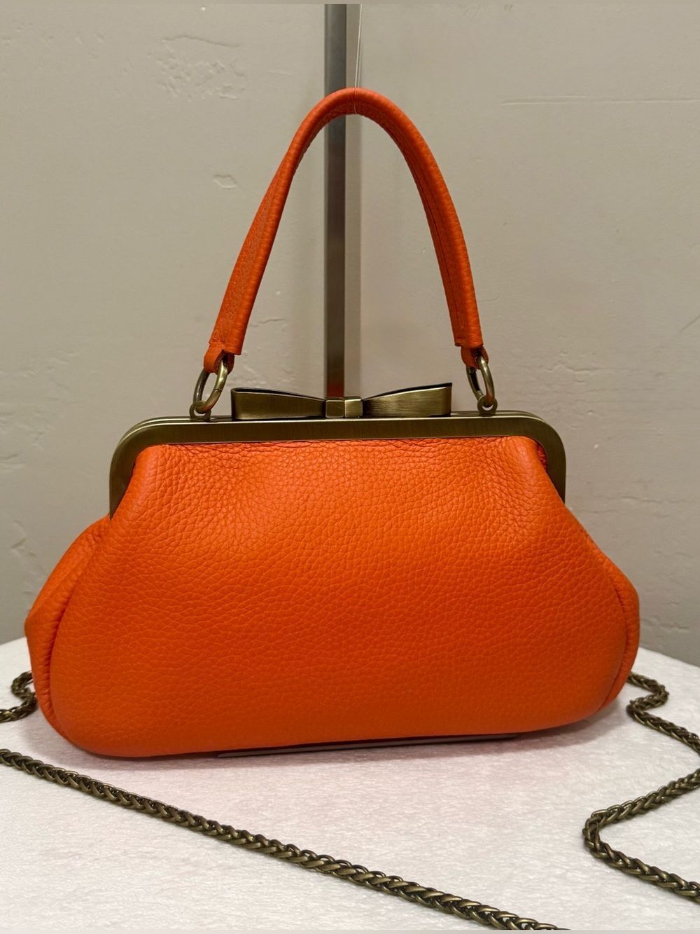 Orange Pebble Cowhide Handmade Bow Shaped Kisslock Clutch/Wrist/Crossbody